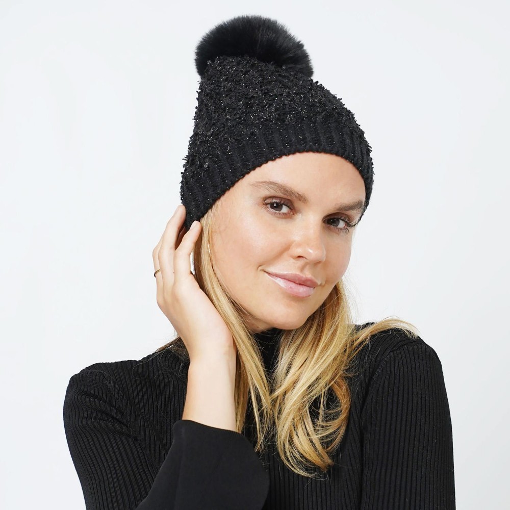Lurex Knit & Tinsel Beanie With Faux Fur Pom - One Size Fits Most - 100% Polyester view 2