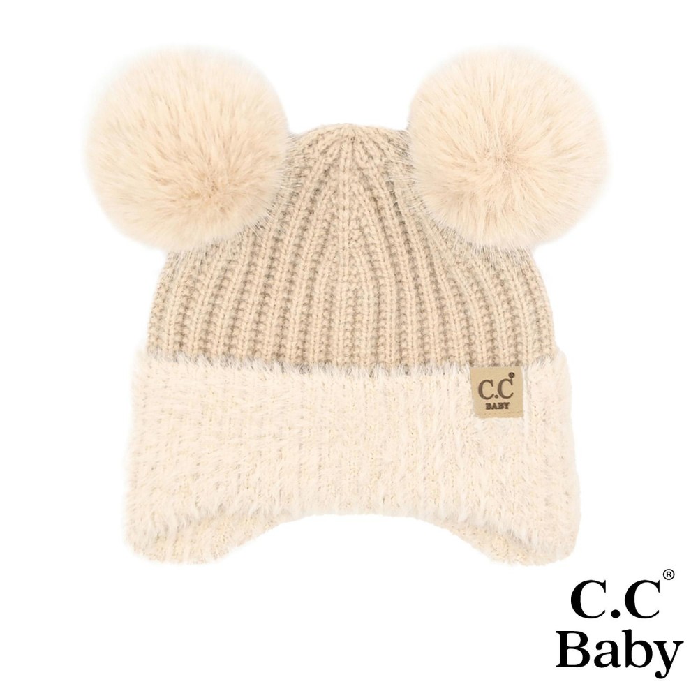 C.C BB HTE0108 Baby Fur Earflap Pom Pom Beanie - 45% Acrylic / 29% Polyester / 26% Nylon - Cuff 100% Nylon - One Size Fits Most (Newborn- 12 Months) view 2