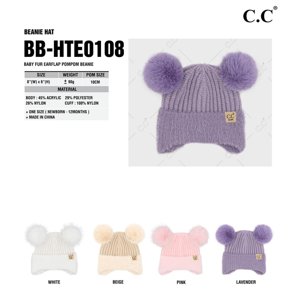 C.C BB HTE0108 Baby Fur Earflap Pom Pom Beanie - 45% Acrylic / 29% Polyester / 26% Nylon - Cuff 100% Nylon - One Size Fits Most (Newborn- 12 Months) view 4