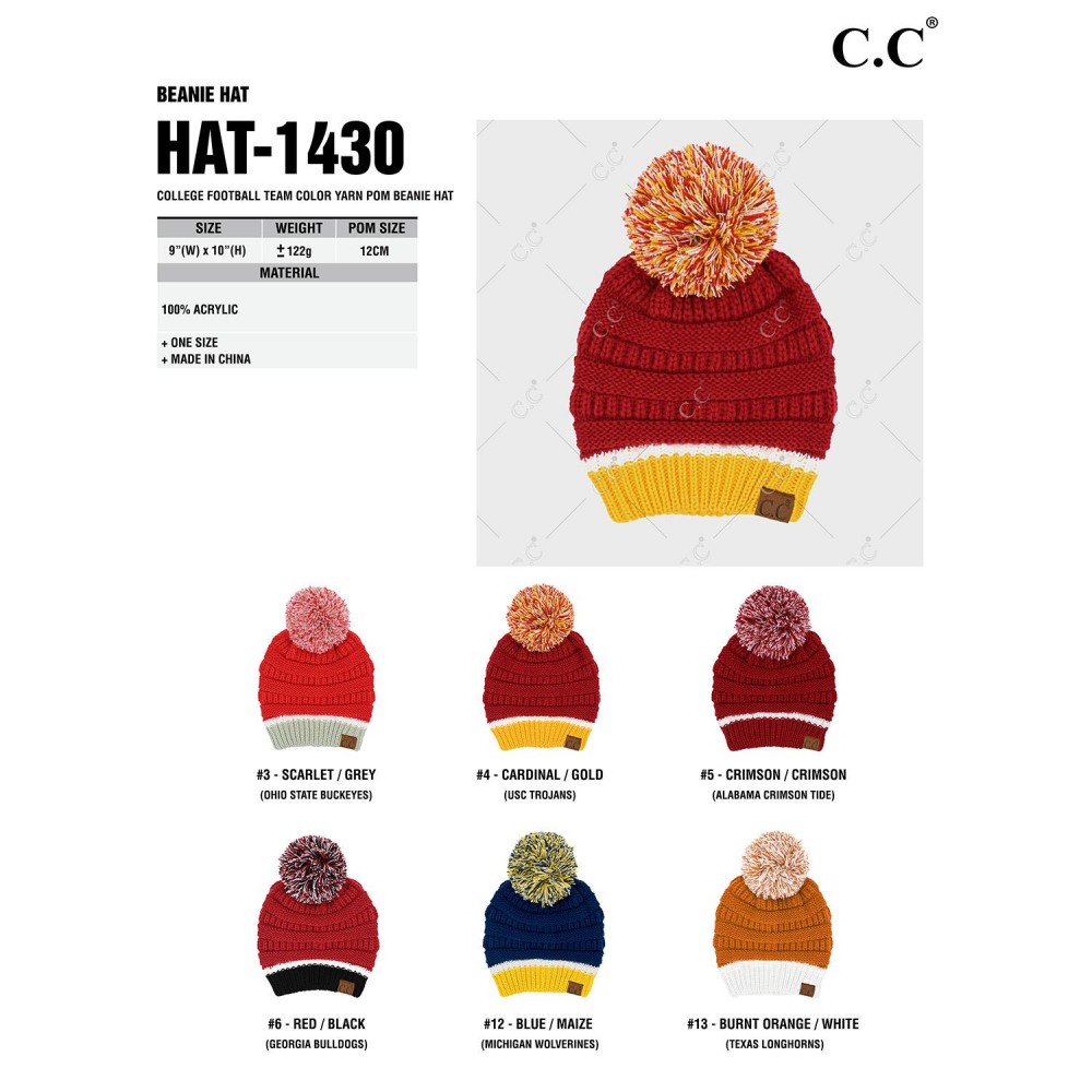 C.C HAT1430 College Football Team Color Pom Beanie - 100% Acrylic - One Size Fits Most view 4