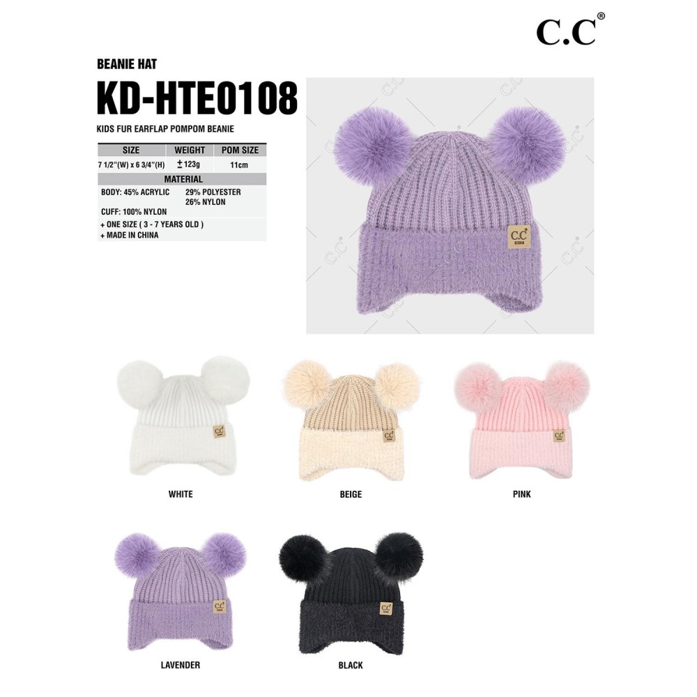 C.C KD-HTE0108 Kids Fur Earflap Pom Pom Beanie - Body: 45% Acrylic / 29% Polyester / 26% Nylon - Cuff: 100% Nylon - One Size Fits Most (3-7 Years) view 4