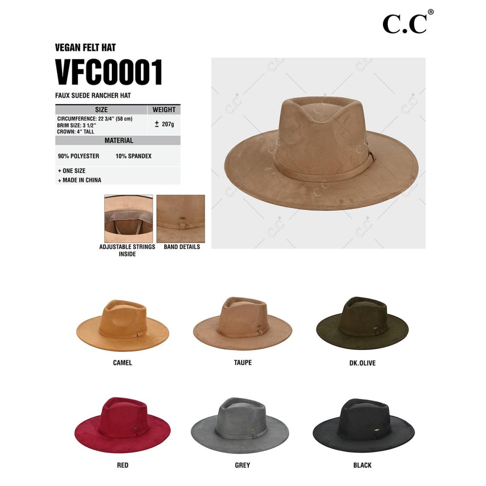 C.C VFC0001 Faux Suede Rancher Hat - One Size Fits Most - 90% Polyester / 10 % Spandex - Brim Approximately 3.5" W view 4