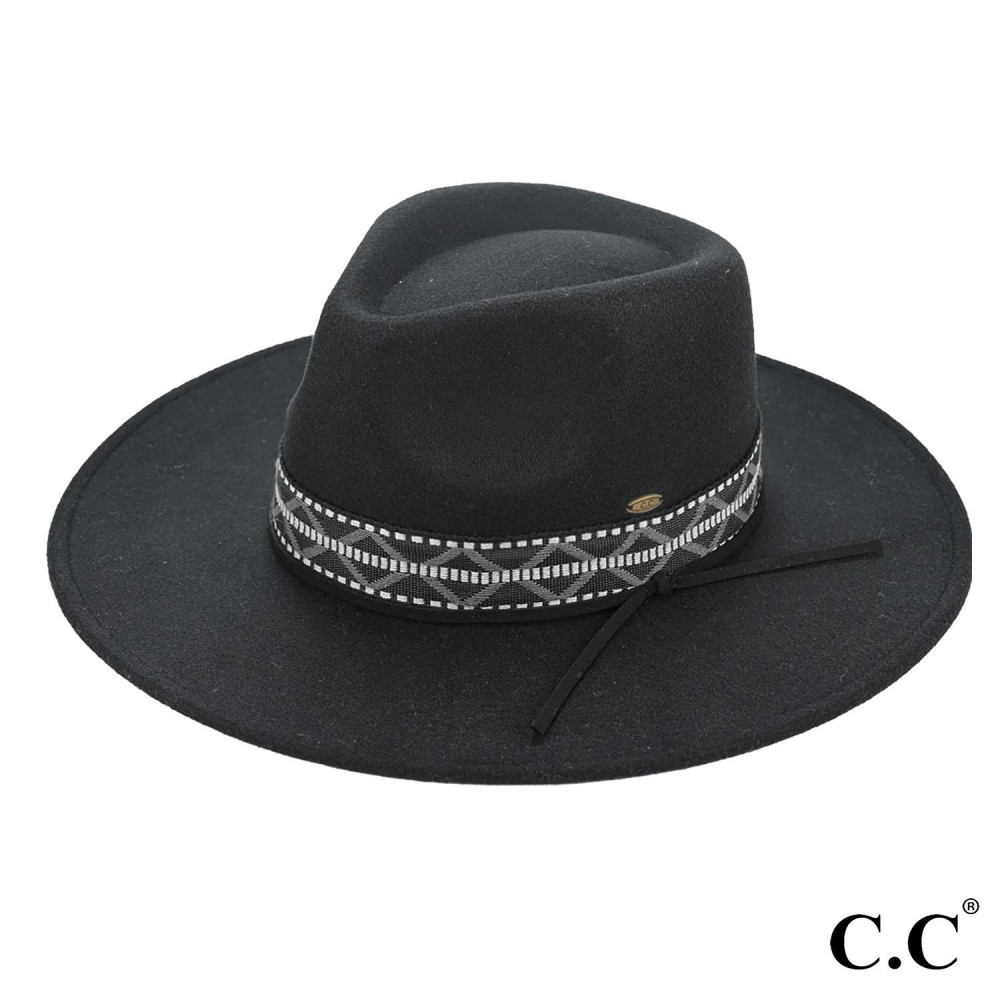 C.C VFE0005 Vegan Felt Wide Brim Hat With Geometric Trim Band - One Size Fits Most - Hat Brim Approximately 3.25" W - 100% Polyester view 2