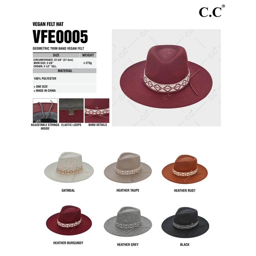 C.C VFE0005 Vegan Felt Wide Brim Hat With Geometric Trim Band - One Size Fits Most - Hat Brim Approximately 3.25" W - 100% Polyester view 4