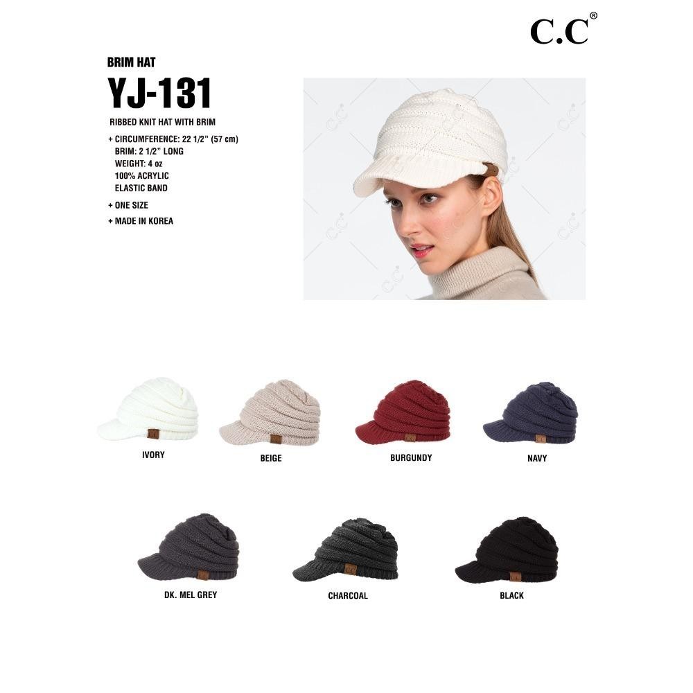 CC YJ-131 Ribbed Knit Hat With Brim - One Size - Elastic Band - Brim 2.5" L - 100% Acrylic view 4