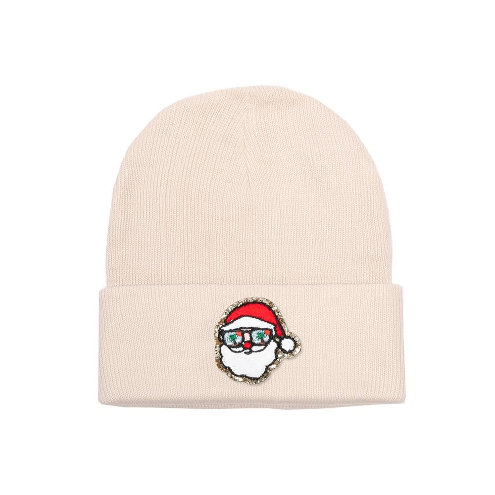 Tropical Santa Glitter Chenille Patch Knit Cuffed Beanie - One Size Fits Most - 100% Acrylic view 2