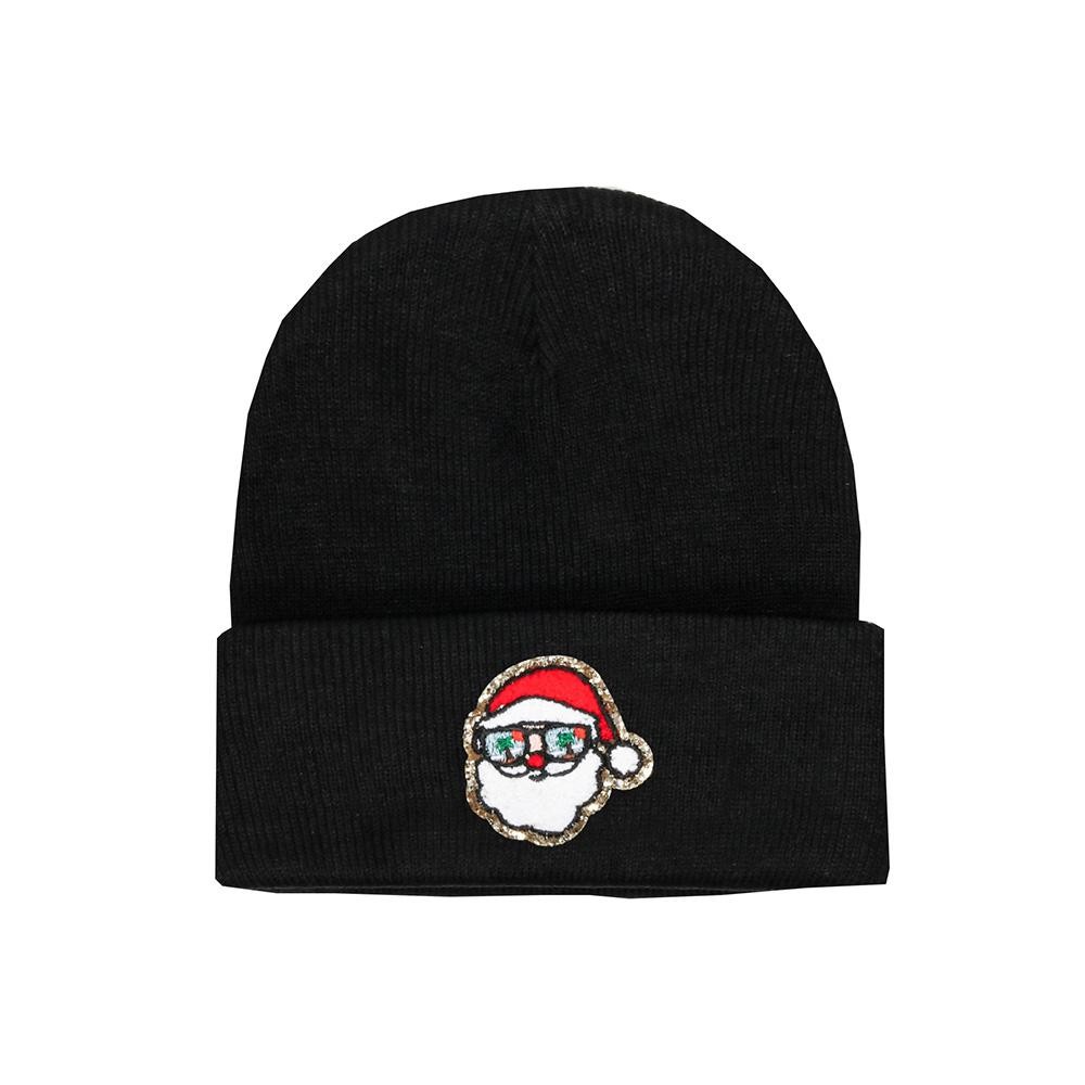 Tropical Santa Glitter Chenille Patch Knit Cuffed Beanie - One Size Fits Most - 100% Acrylic view 2