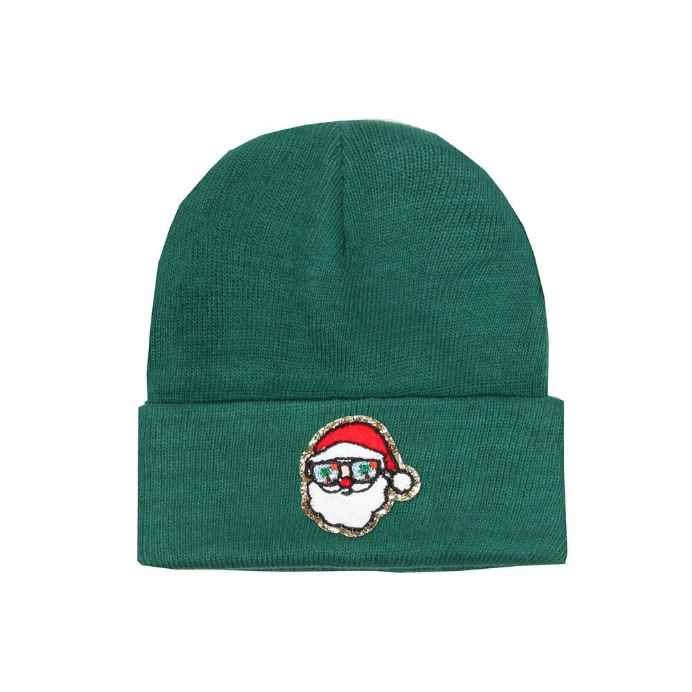 Tropical Santa Glitter Chenille Patch Knit Cuffed Beanie - One Size Fits Most - 100% Acrylic view 2