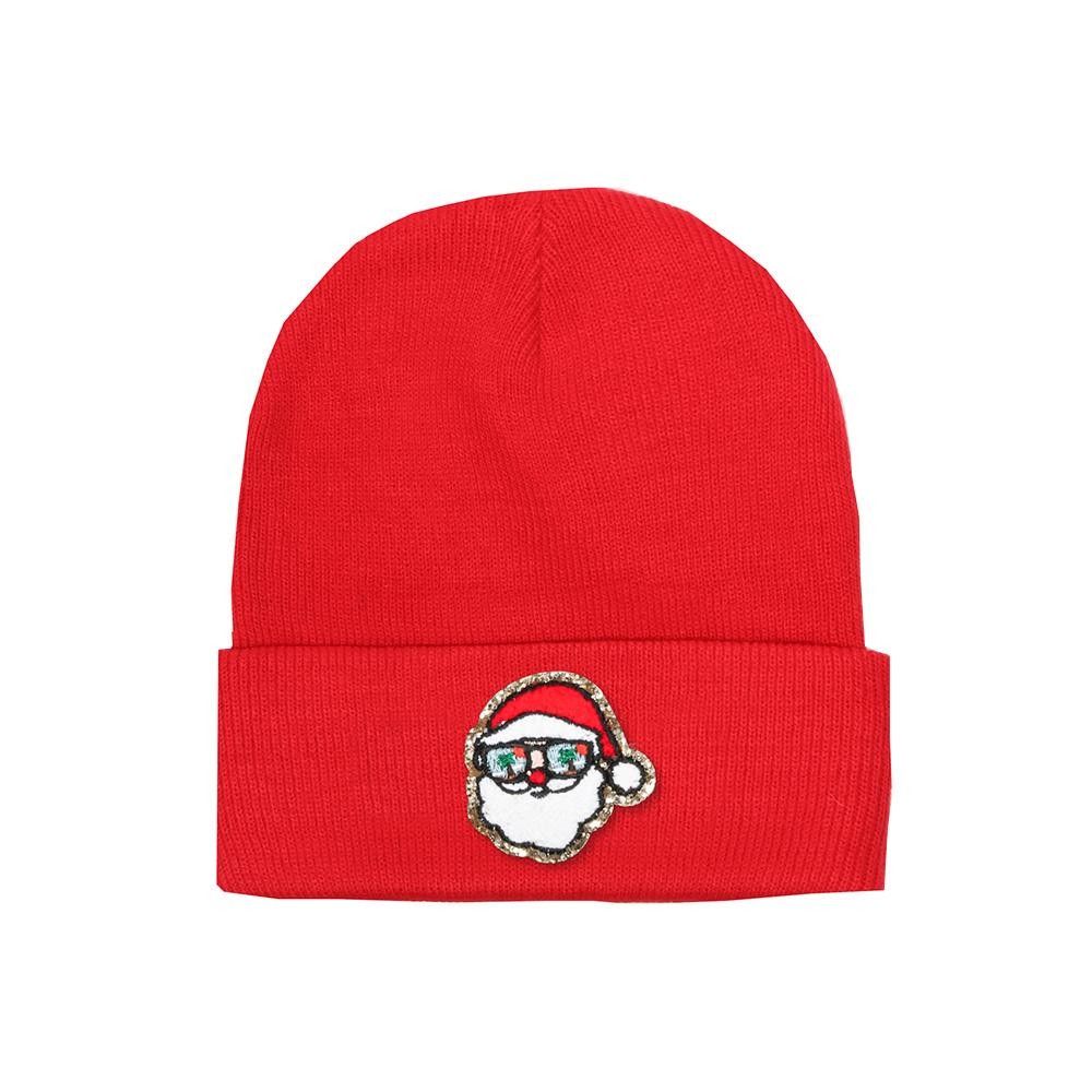 Tropical Santa Glitter Chenille Patch Knit Cuffed Beanie - One Size Fits Most - 100% Acrylic view 2
