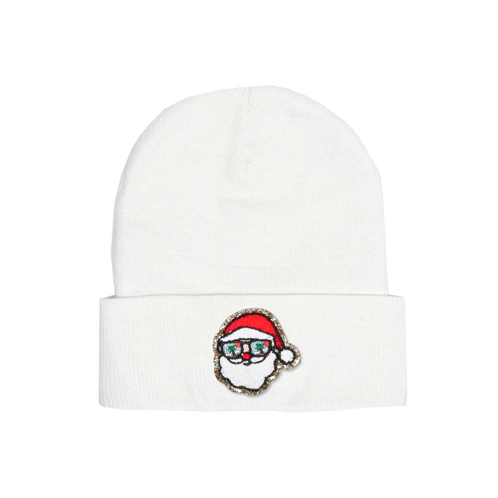 Tropical Santa Glitter Chenille Patch Knit Cuffed Beanie - One Size Fits Most - 100% Acrylic view 2