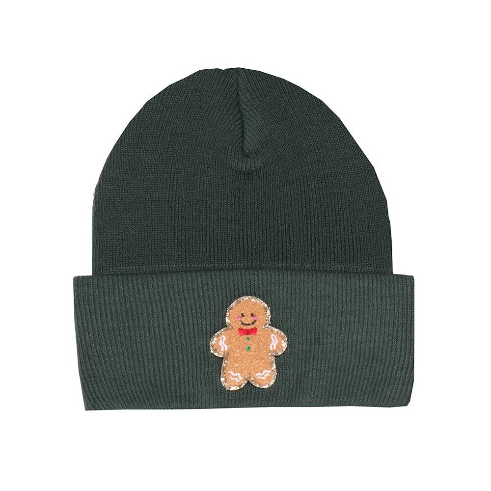 Gingerbread Man Glitter Chenille Patch Knit Cuffed Beanie - One Size Fits Most - 100% Acrylic view 2
