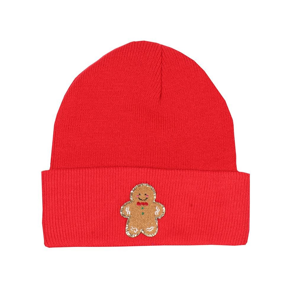Gingerbread Man Glitter Chenille Patch Knit Cuffed Beanie - One Size Fits Most - 100% Acrylic view 2