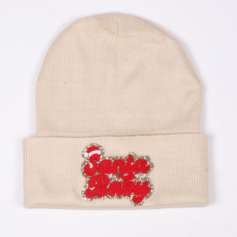 "Santa Baby" Glitter Chenille Patch Knit Cuffed Beanie - One Size Fits Most - 100% Acrylic view 2