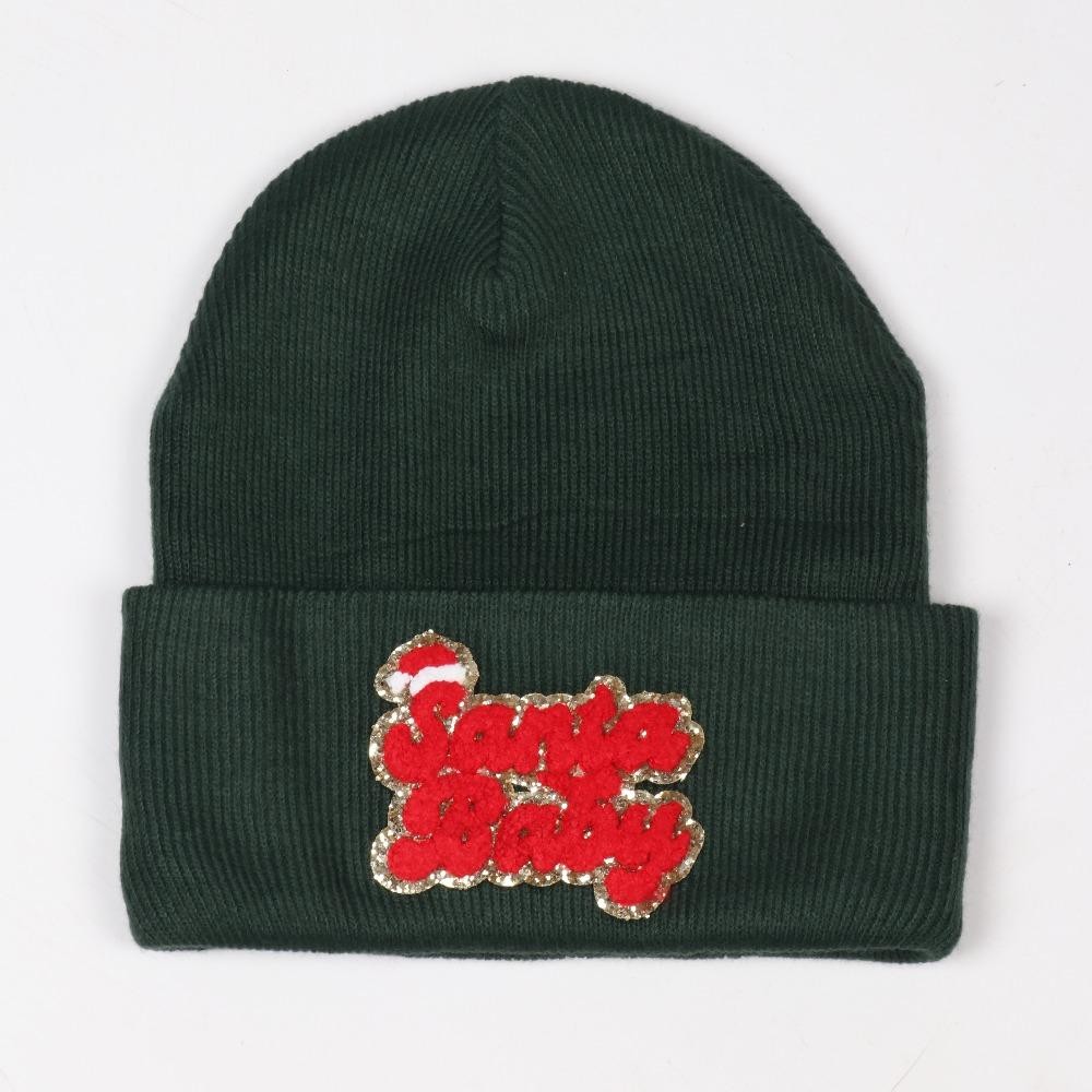 "Santa Baby" Glitter Chenille Patch Knit Cuffed Beanie - One Size Fits Most - 100% Acrylic view 2
