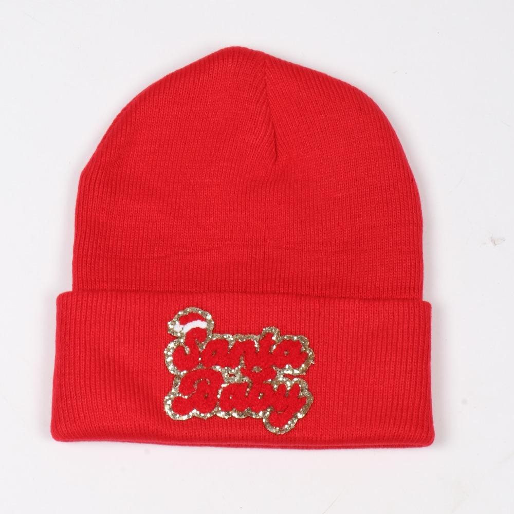 "Santa Baby" Glitter Chenille Patch Knit Cuffed Beanie - One Size Fits Most - 100% Acrylic view 2
