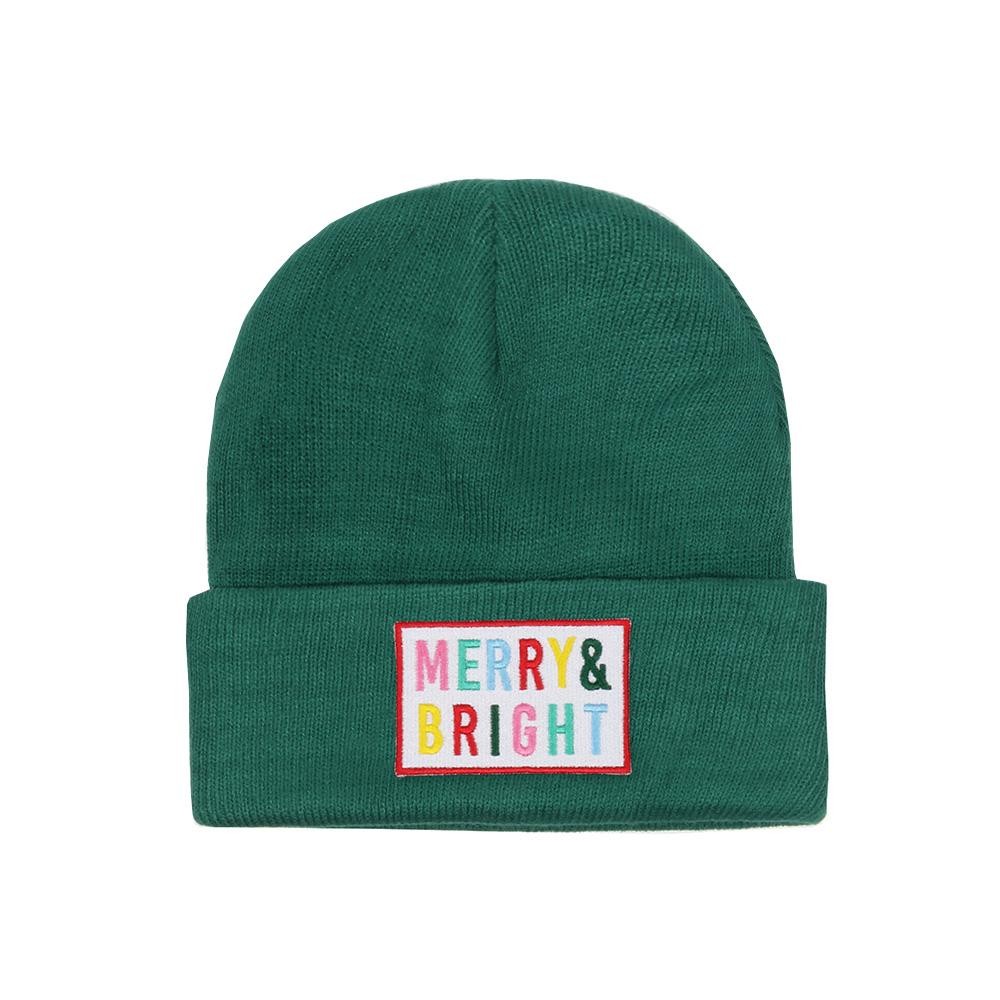 'MERRY & BRIGHT' Embroidered Patch Knit Cuffed Beanie - One Size Fits Most - 100% Acrylic view 2