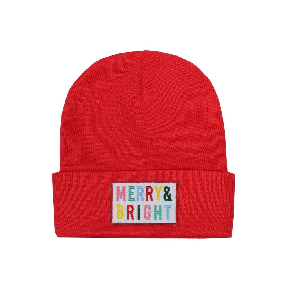 'MERRY & BRIGHT' Embroidered Patch Knit Cuffed Beanie - One Size Fits Most - 100% Acrylic view 2