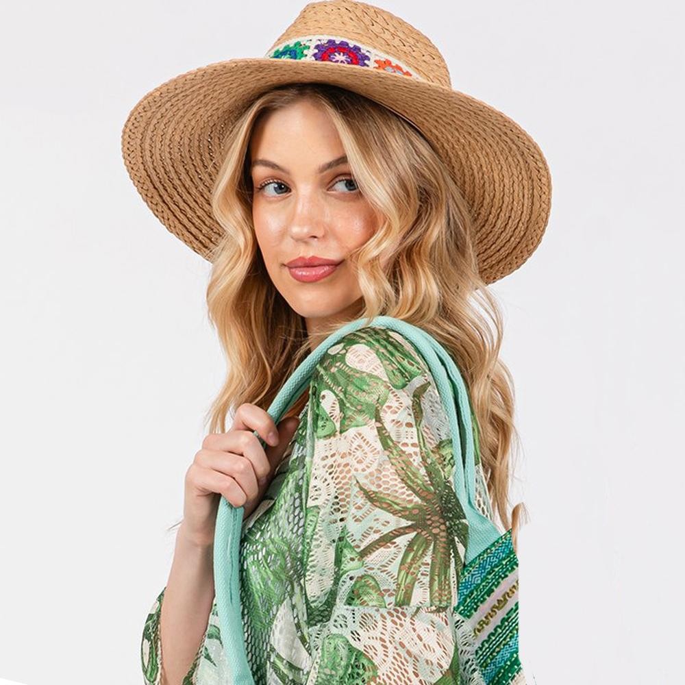Braided Straw Panama Hat Featuring Granny Square Crochet Band - One Size Fits Most - Brim 3.5" L - 100% Paper view 2