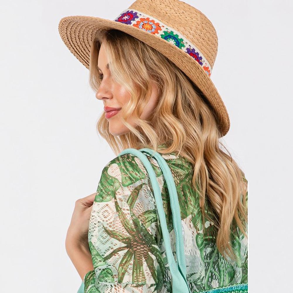 Braided Straw Panama Hat Featuring Granny Square Crochet Band - One Size Fits Most - Brim 3.5" L - 100% Paper view 4