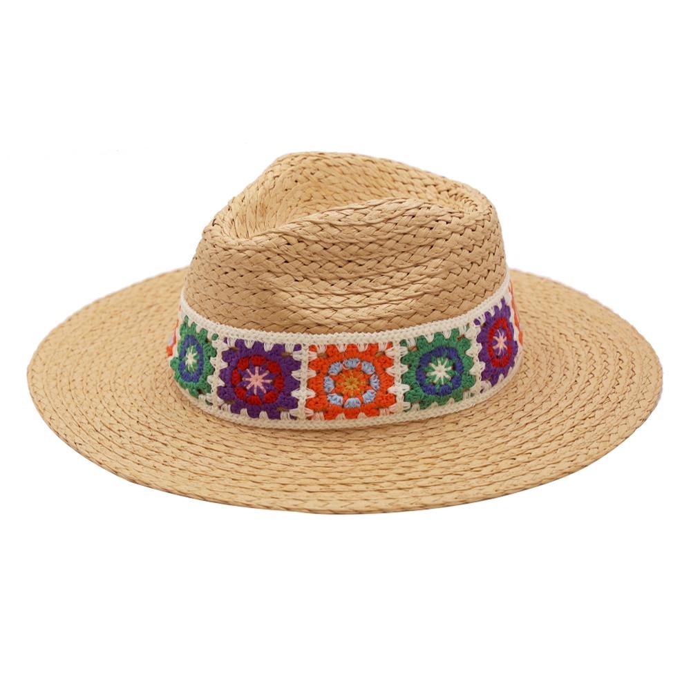 Braided Straw Panama Hat Featuring Granny Square Crochet Band - One Size Fits Most - Brim 3.5" L - 100% Paper view 6
