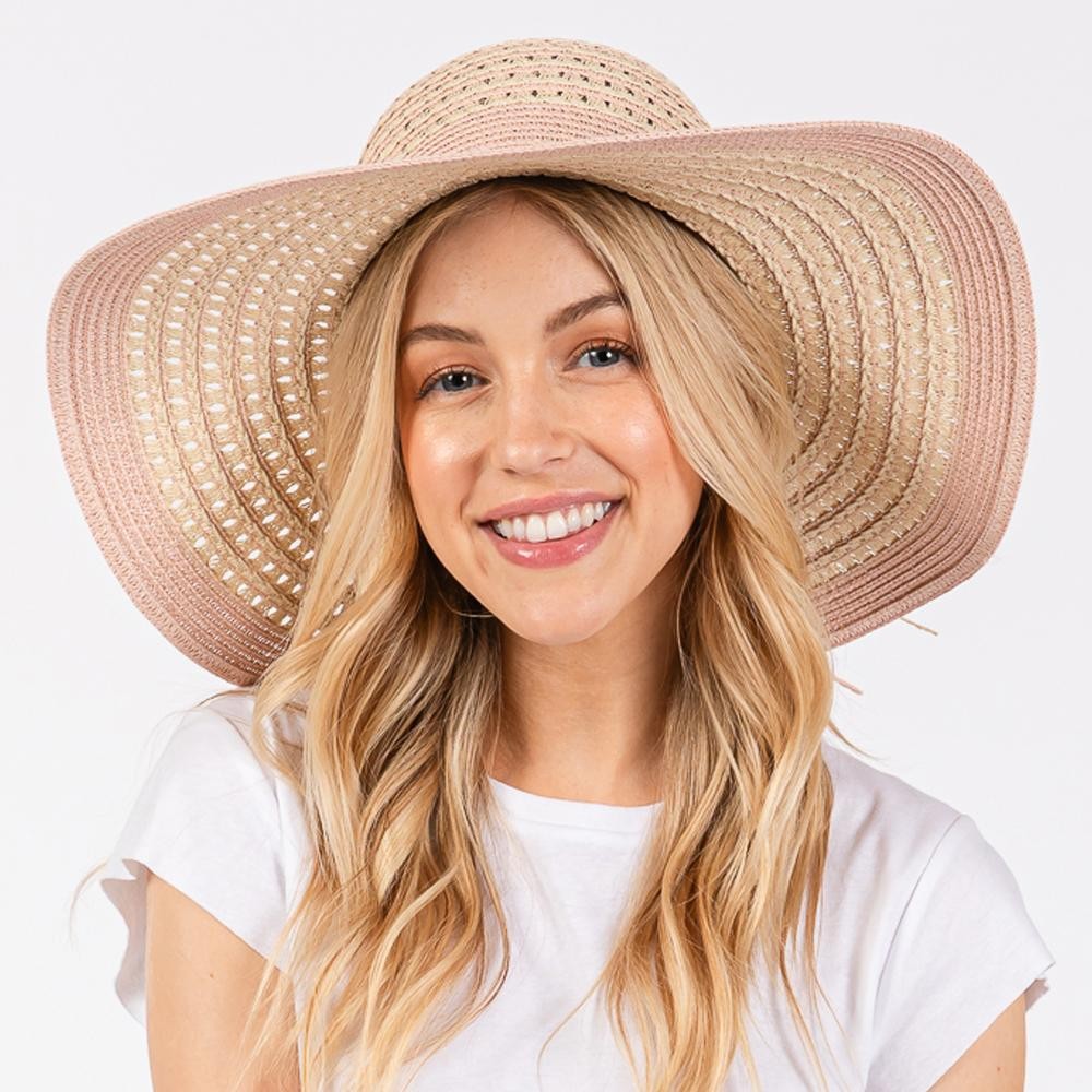 Two Tone Straw Sun Hat With Stripe And Straw Bow Detail - One Size Fits Most - Adjustable Drawstring - 100% Paper Straw view 2
