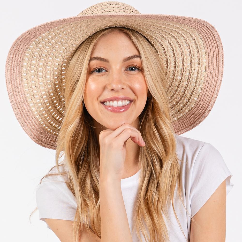 Two Tone Straw Sun Hat With Stripe And Straw Bow Detail - One Size Fits Most - Adjustable Drawstring - 100% Paper Straw view 4