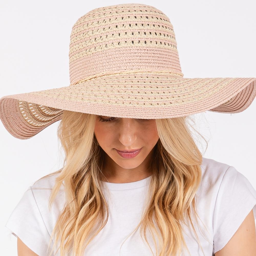 Two Tone Straw Sun Hat With Stripe And Straw Bow Detail - One Size Fits Most - Adjustable Drawstring - 100% Paper Straw view 6