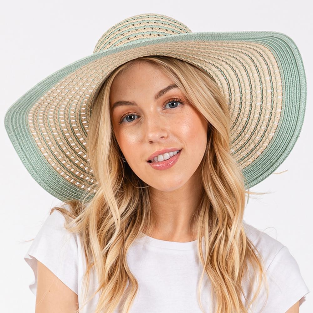Two Tone Straw Sun Hat With Stripe And Straw Bow Detail - One Size Fits Most - Adjustable Drawstring - 100% Paper Straw view 2