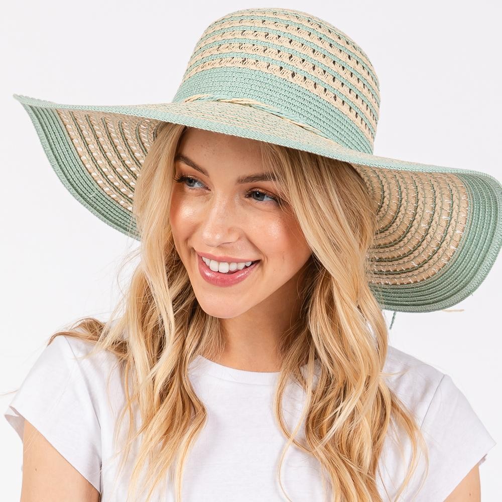 Two Tone Straw Sun Hat With Stripe And Straw Bow Detail - One Size Fits Most - Adjustable Drawstring - 100% Paper Straw view 4