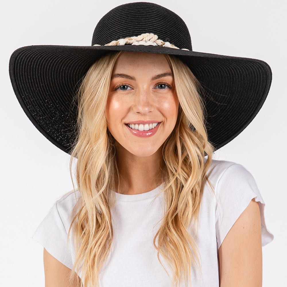Wide Brim Sun Hat With Braided Band With Shells - One Size Fits Most - Adjustable Drawstring - 100% Paper Straw view 2