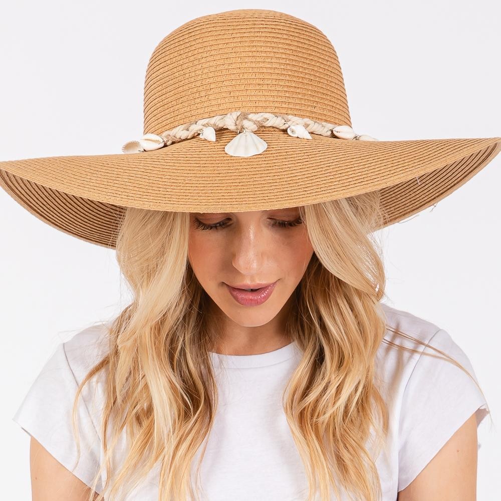 Wide Brim Sun Hat With Braided Band With Shells - One Size Fits Most - Adjustable Drawstring - 100% Paper Straw view 4