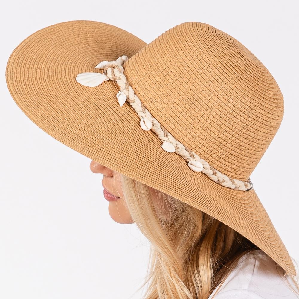 Wide Brim Sun Hat With Braided Band With Shells - One Size Fits Most - Adjustable Drawstring - 100% Paper Straw view 6