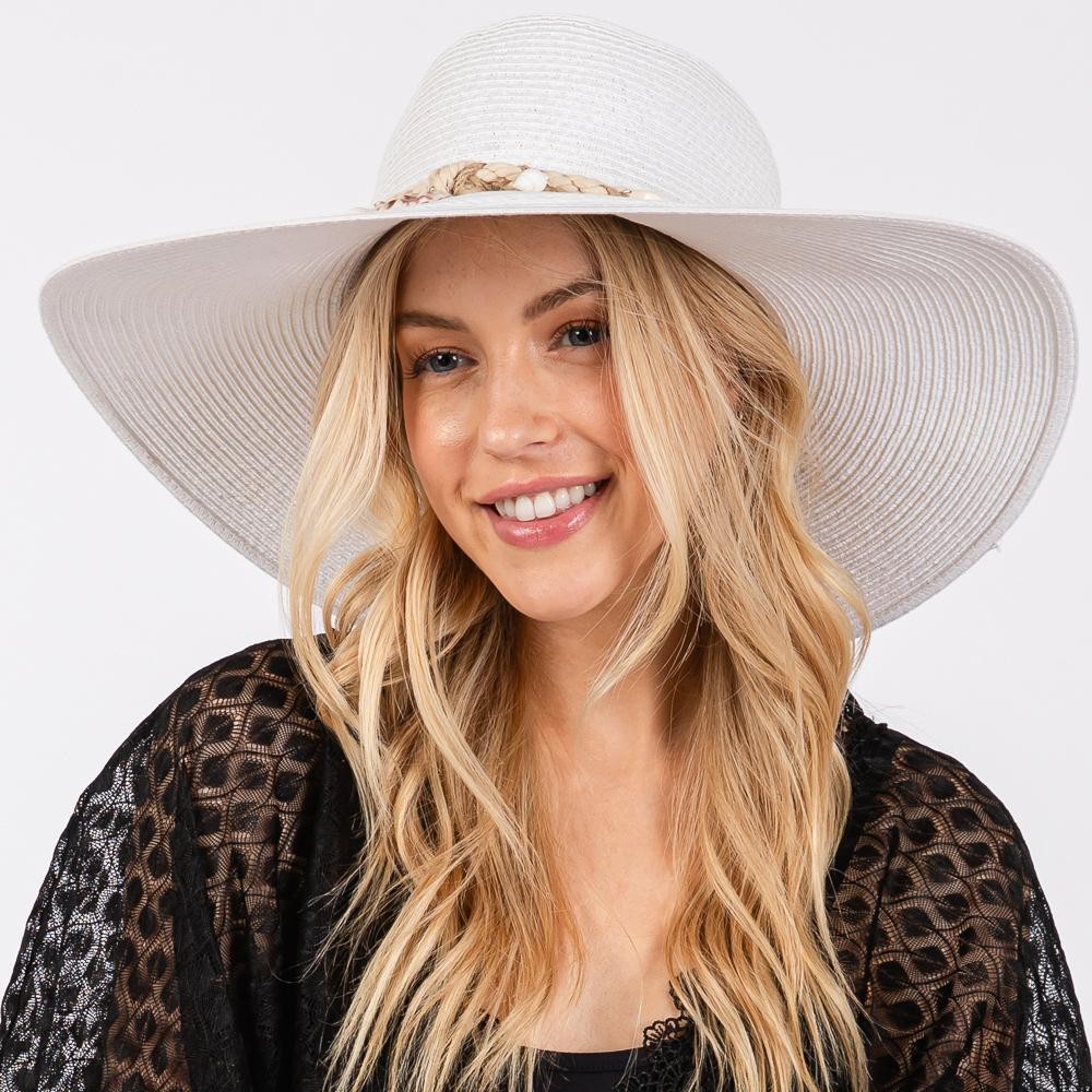 Wide Brim Sun Hat With Braided Band With Shells - One Size Fits Most - Adjustable Drawstring - 100% Paper Straw view 2