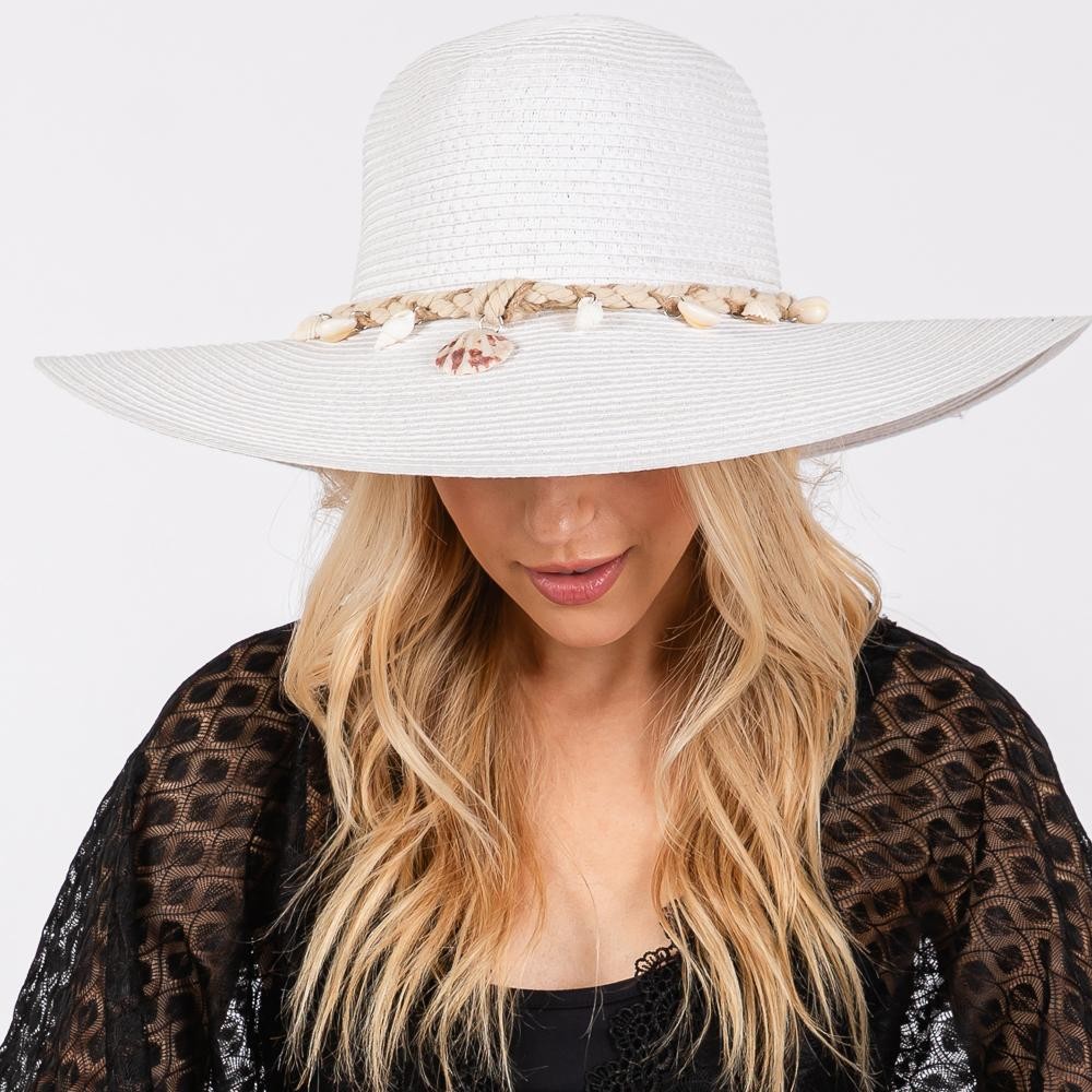 Wide Brim Sun Hat With Braided Band With Shells - One Size Fits Most - Adjustable Drawstring - 100% Paper Straw view 4