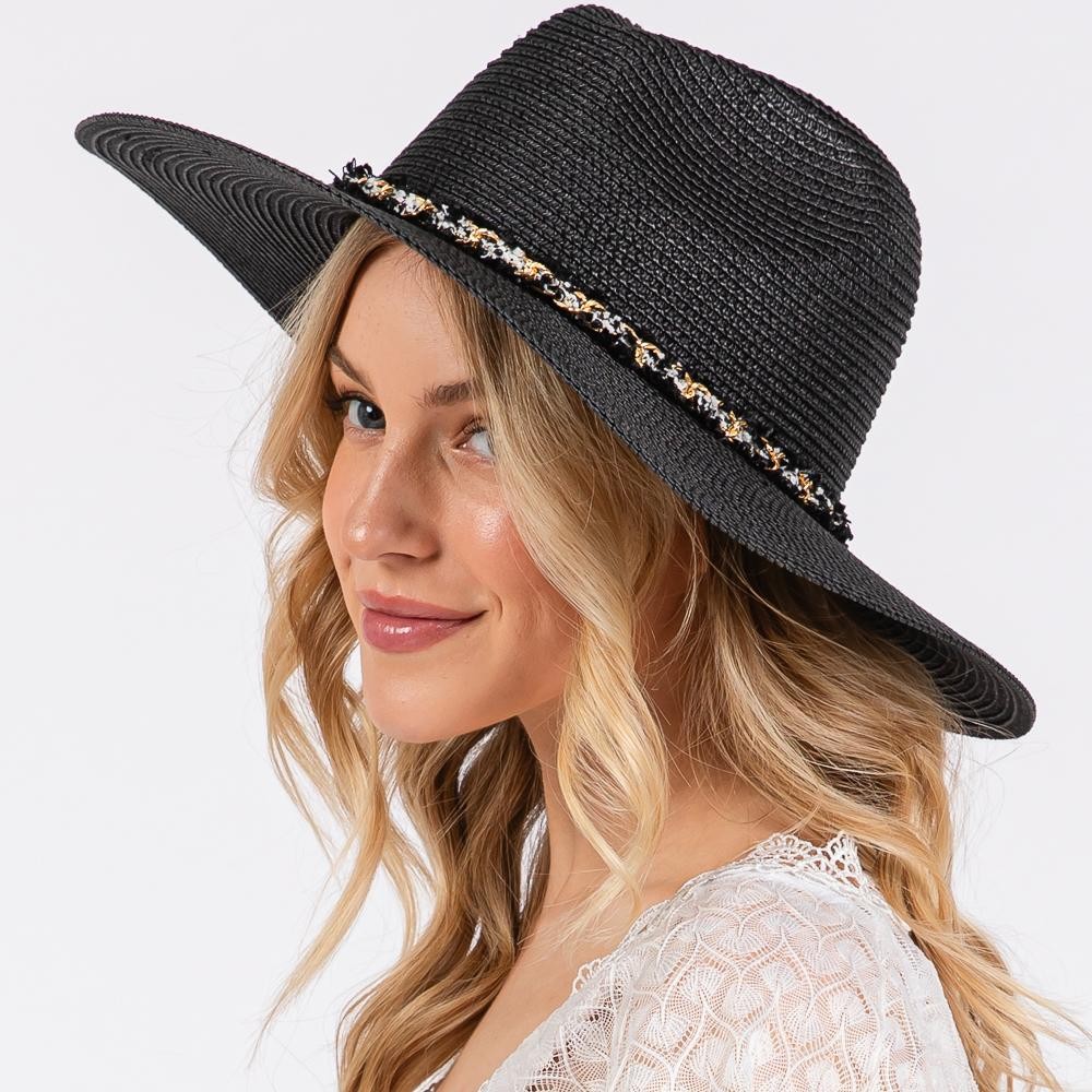 Wide Brim Sun Hat With Chain Link With Mixed Frayed Fabric Band - One Size Fits Most -Adjustable Drawstring - 100% Paper Straw view 2