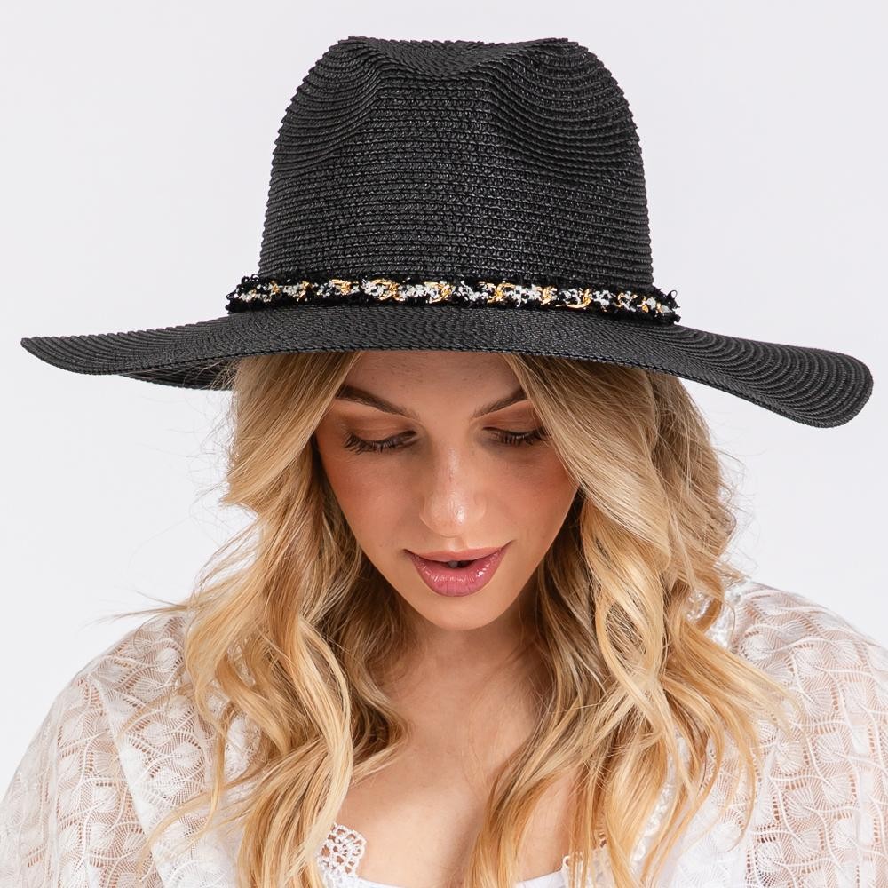 Wide Brim Sun Hat With Chain Link With Mixed Frayed Fabric Band - One Size Fits Most -Adjustable Drawstring - 100% Paper Straw view 4