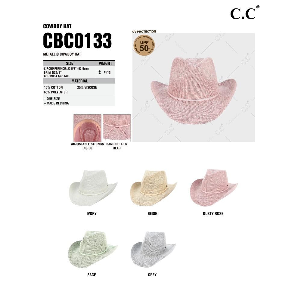 C.C CBC-0133 Cowboy Hat Metallic Cowboy Hat - One Size Fits Most (Internal Drawstring Adjustable) - 60% Polyester 25% Viscose 15% Cotton - Brim Approximately 3" L view 4