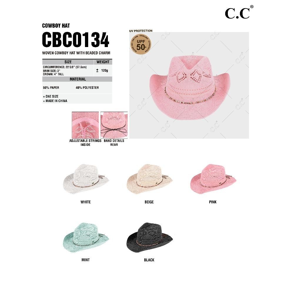 C.C CBC-0134 Woven Cowboy Hat With Beaded Band - One Size Fits Most - Adjustable Drawstring - Brim Approximately3" L - 60% Paper / 40% Polyester view 4