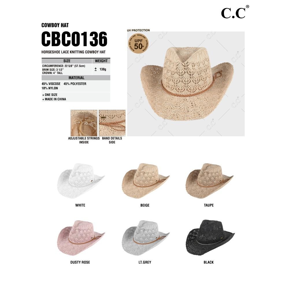 C.C CBC-0136 Cowboy Hat Horseshoe Lace Knitted Cowboy Hat - One Size Fits Most (Internal Drawstring Adjustable) - 45% Viscose 45% Polyester 10% Nylon - Brim Approximately 3.5" L view 4