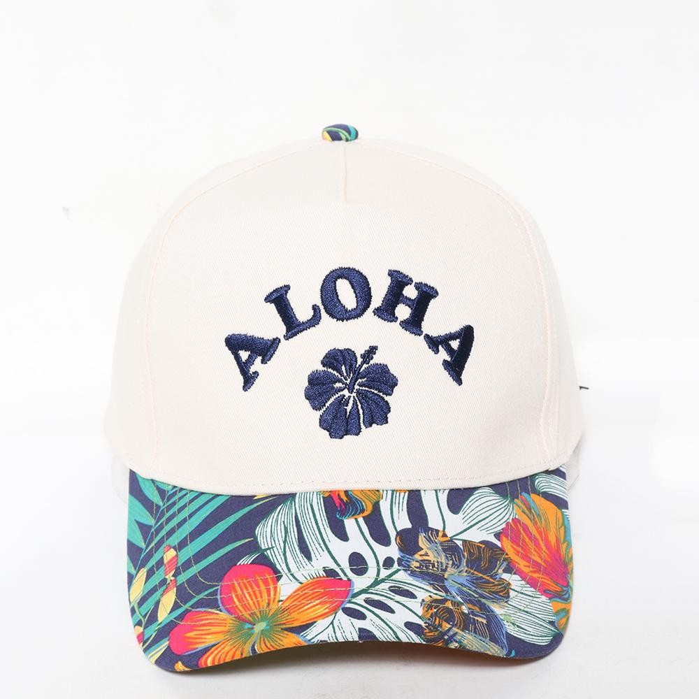 "ALOHA" Embroidered Baseball Cap With Floral Print Bill - One Size Fits Most - Snap Back Closure - 100% Cotton view 2