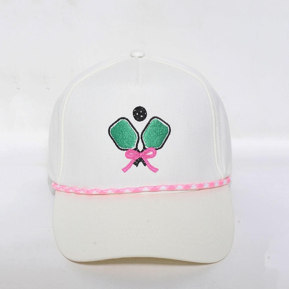 Pickleball Paddles With Bow Embroidered Baseball Cap With Rope Detail - One Size Fits Most - Snap Back Closure - 100% Cotton view 2