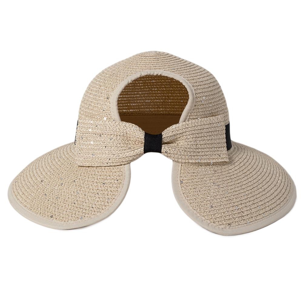 Straw Messy Bun Sun Hat With Sequins & Bow Detail - One Size Fits Most - Tangle Free Velcro Closure - 100% Paper view 4