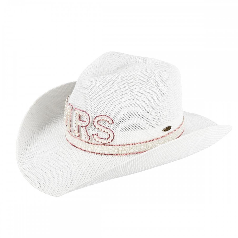 C.C CBC-02 Cowboy Hat MRS Cowboy Hat With Pearl & Rhinestone Trim Band - One Size Fits Most (Internal Adjustable Drawstring) - Brim Approximately 3.25" L - 60% Paper/ 40% Polyester view 2