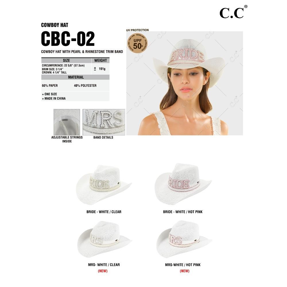 C.C CBC-02 Cowboy Hat MRS Cowboy Hat With Pearl & Rhinestone Trim Band - One Size Fits Most (Internal Adjustable Drawstring) - Brim Approximately 3.25" L - 60% Paper/ 40% Polyester view 4