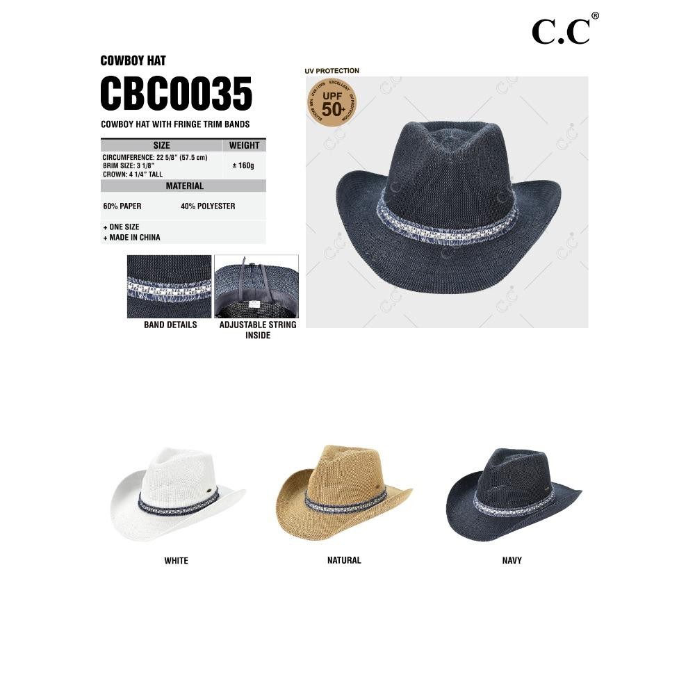 C.C CBC-0035 Cowboy Hat Cowboy Hat With Fringe Trim Band - One Size Fits Most (Internal Drawstring Adjustable) - 60% Paper 40% Polyester - Brim Approximately 3.25" L view 4