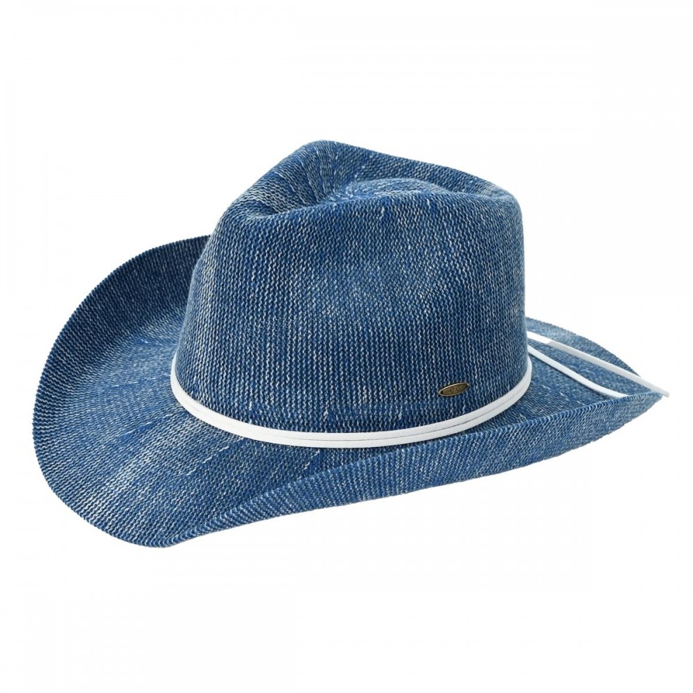 C.C CBC-0128 Cowboy Hat Washed Effect Knitted Denim Cowboy Hat With Suede Strings - One Size Fits Most (Internal Drawstring Adjustable) - 60% Polyester 40% Cotton - Brim Approximately 3" L view 2