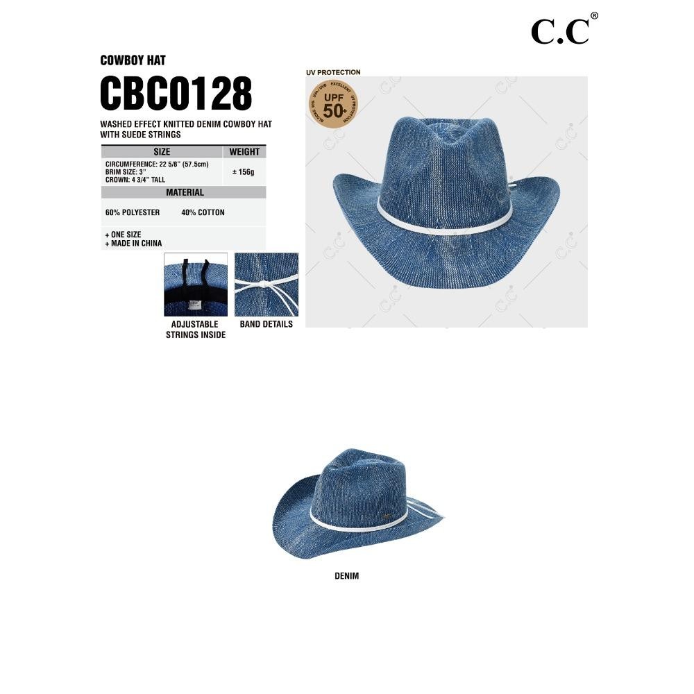 C.C CBC-0128 Cowboy Hat Washed Effect Knitted Denim Cowboy Hat With Suede Strings - One Size Fits Most (Internal Drawstring Adjustable) - 60% Polyester 40% Cotton - Brim Approximately 3" L view 4