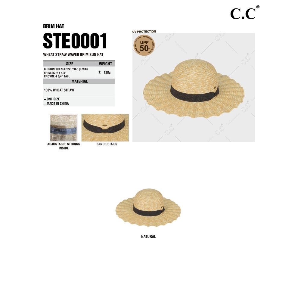C.C STE-0001 Brim Hat Wheat Straw Waved Brim Sun Hat - One Size Fits Most (Internal Drawstring Adjustable) - 100% Wheat Straw - Brim Approximately 4.25" L view 4