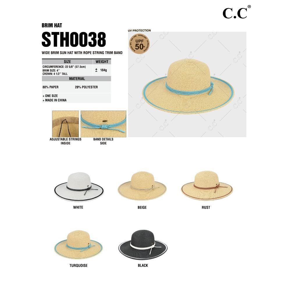 C.C STH-0038 Brim Hat Wide Brim Sun Hat With Rope String Trim Band - One Size Fits Most (Internal Drawstring Adjustable) - 80% Paper 20% Polyester - Brim Approximately 4" L view 4