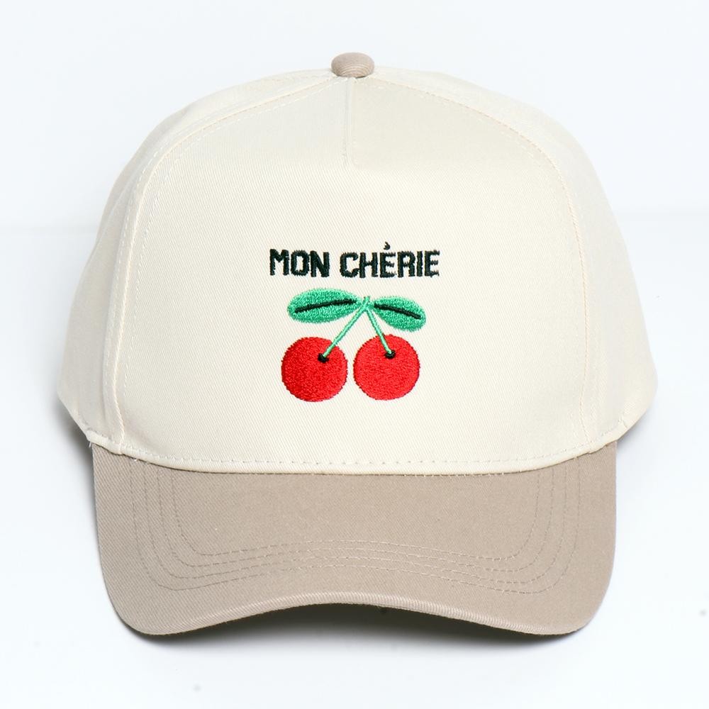 "MON CHERIE" Cherries Embroidered Two Tone Baseball Cap - One Size Fits Most - Snap Back Closure - 100% Cotton view 2